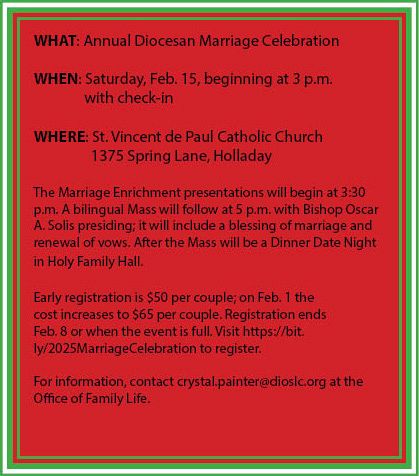 Marriage event will include presentations, Mass with Bishop Solis, dinner date night